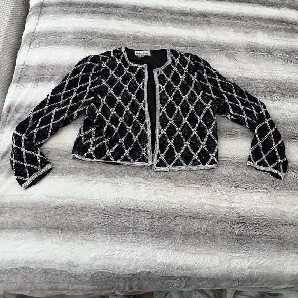 Laurence Kazar Jackets & Blazers - Laurence Kazar black and white sequin glitter crystal silk jacket blazer vintage